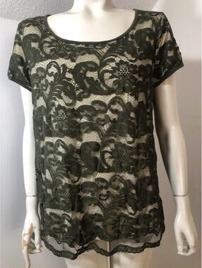 Roz Ali New Womens Large Capsleeved Top Olive Green Lace Front over Solid Beige